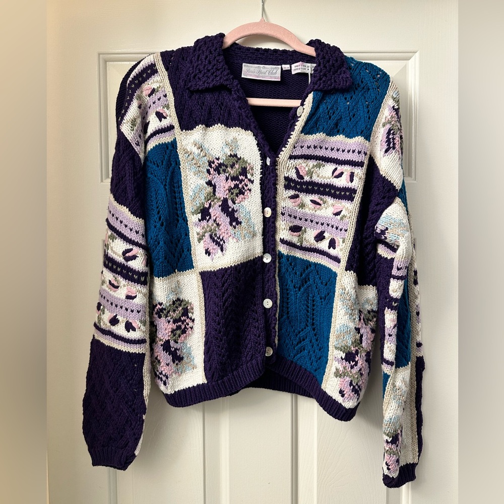 Hand Knit Elegant Patchwork Women’s Cotton Cardigan Sweater M L